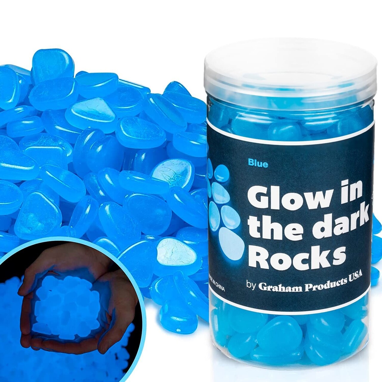 Graham Products 190 Pieces Glow in the Dark Rocks | Indoor & Outdoor Use - Garden, Fish Tank Pebbles, Planter, Walkway, Driveway Decoration & More | Powered by Sunlight - Blue